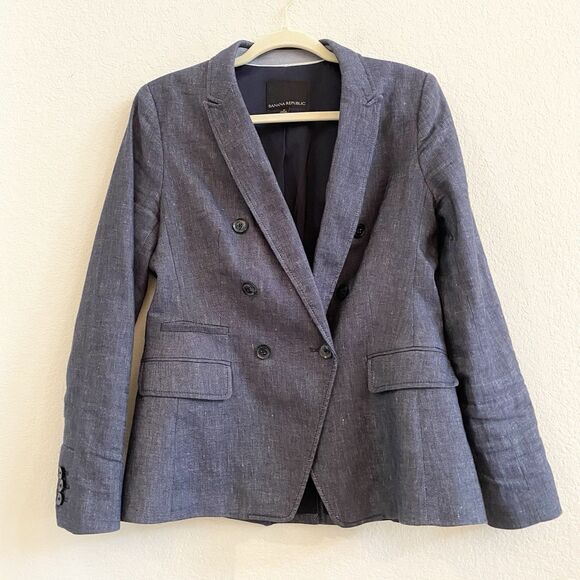 Banana Republic Sz 6 Peak Lapel Double Breasted Linen Blend Blazer Navy Blue - Picture 1 of 12